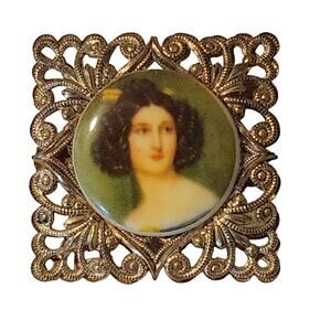 Vintage West Germany Cameo Brooch Gold Tone Filigree Petite Square Frame